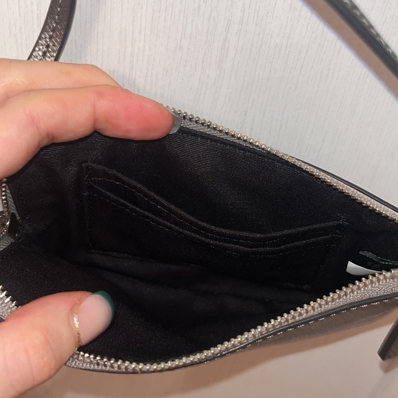 Silver Leather Wristlet with Silver Bow Detail, Two Card Pockets Inside - Picture 8 of 9